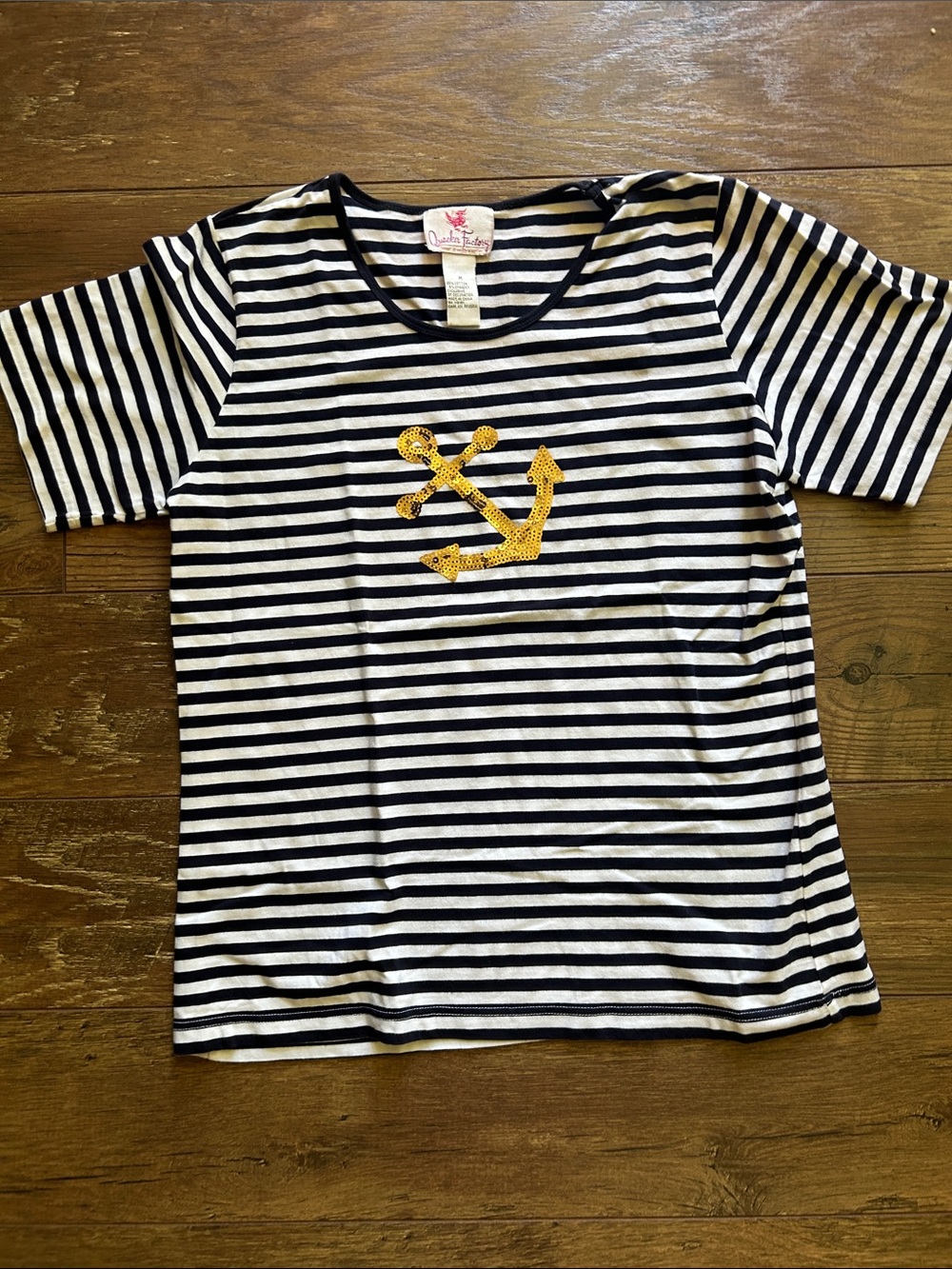 Quacker Factory Navy & White Striped Tee with Gold Sequin Anchor